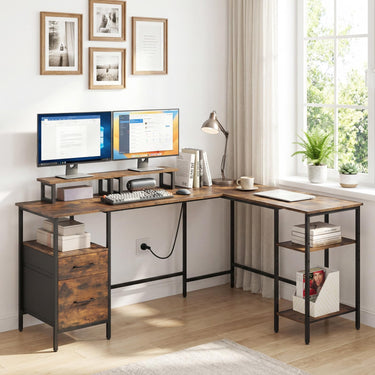 L-Shaped Desk with Power Outlets, Reversible Corner Desk with Monitor Stand