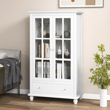 139 cm Bookcase Cabinet with Tempered Glass Doors and Adjustable Shelf