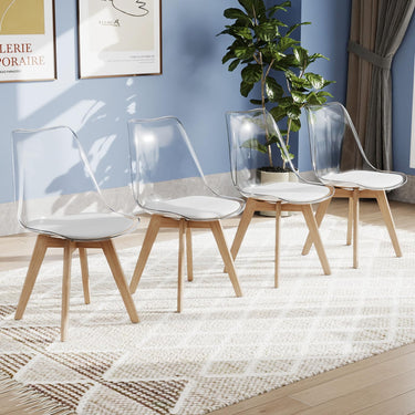 4-Pack Clear Dining Chairs with Wood Legs & PU Cushion