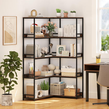 Corner Bookshelf with Metal Frame for Living Room and Home Office