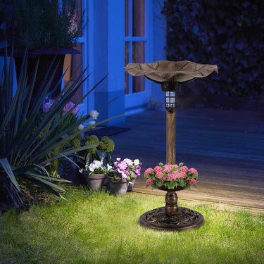 Outdoor Solar Bird Bath, Standing Pedestal Birdbath & Feeder Combo w/Lotus Leaf Bowl