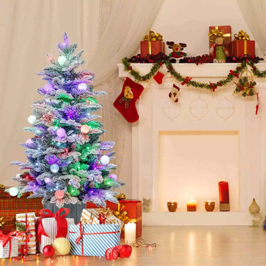 110CM Pre-Lit Snow Flocked Christmas Tree Potted Xmas Decor w/Globe Lights Home