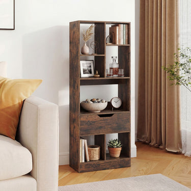 Tall Freestanding Bookshelf with Drawer and 7 Open Cubes