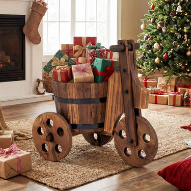 Wood Tricycle Flower Cart Planter with Drainage Hole and Storage Box