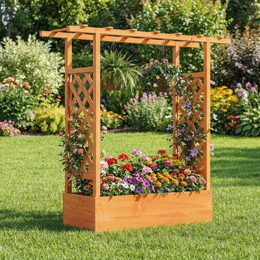 114cm Freestanding Elevated Garden Bed with Trellis for Outdoor Climbing Plants Flowers