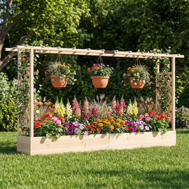 114cm Freestanding Wooden Raised Garden Bed with Trellisand Hanging Roof