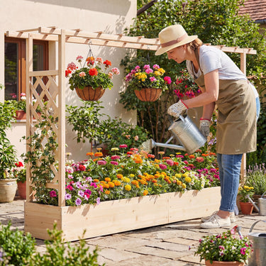 114cm Freestanding Wooden Raised Garden Bed with Trellisand Hanging Roof