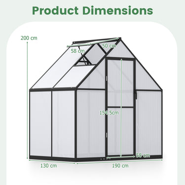 190 x 130 x 200 cm Polycarbonate Greenhouse with Adjustable Roof Vent