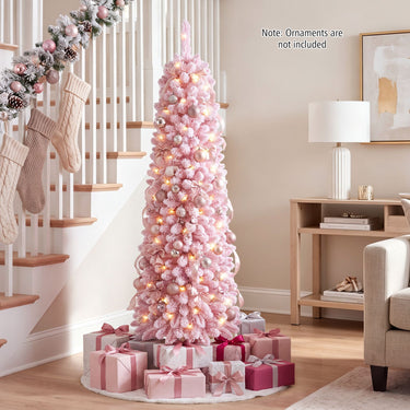 150/180/210cm Flocked Pre-Lit Pencil Christmas Tree with 8 Modes