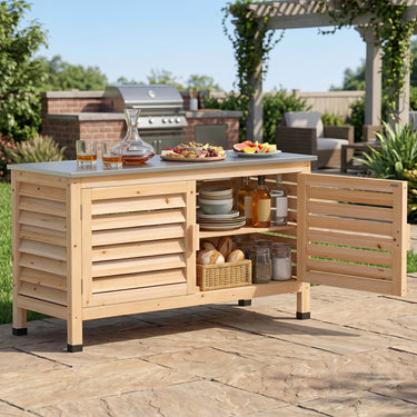 2-Door Potting Table with Stainless Steel Countertop and Fir Wood Frame L-Shaped Shelf