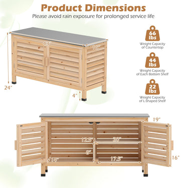 2-Door Potting Table with Stainless Steel Countertop and Fir Wood Frame L-Shaped Shelf
