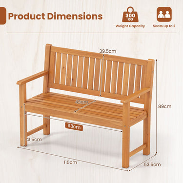 2-Seater Outdoor Wooden Bench with Backrest and Armrests
