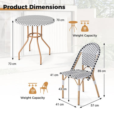 3PCS Outdoor French Wicker Round Table and 2 Dining Chairs with Metal Frame for Garden