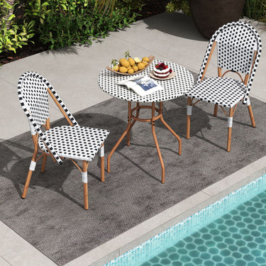 3PCS Outdoor French Wicker Round Table and 2 Dining Chairs with Metal Frame for Garden