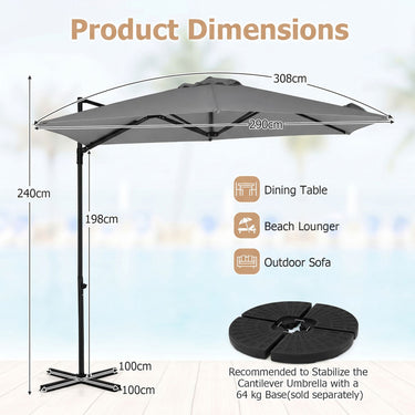 3m Cantilever Patio Umbrella Heavy-duty Offset Hanging Umbrella with 360° Rotation
