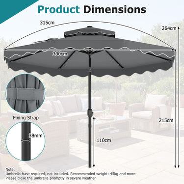 3m Solar LED Patio Umbrella with 24 Lights and 2 Tier Vented Canopy
