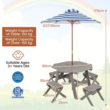 Kids Picnic Table with 4 Chairs and Adjustable Umbrella for Patio Garden Backyard