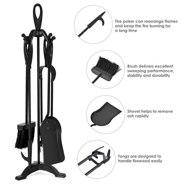 5 PCS Iron Fireplace Tool Set with Broom Shovel Poker Tongs and Stand
