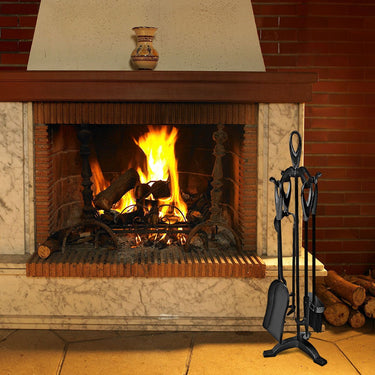 5 PCS Iron Fireplace Tool Set with Broom Shovel Poker Tongs and Stand