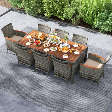 9 Pieces Patio Wicker Dining Set with Removable Cushions and Umbrella Hole