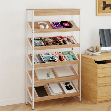 6 Tier Bookshelf, 161 cm Tall Freestanding Slant Display Shelf w/Heavy-Duty Metal Frame