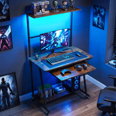 Rolling Computer Desk with Hutch, Industrial Office Desk with Charging Station & LED Lights, Small Laptop Workstation with Keyboard Tray