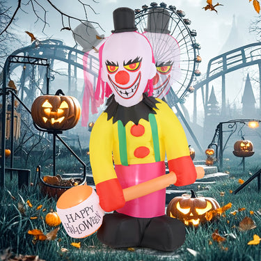 240 CM Giant Halloween Inflatables, Head Turning Clown with Hammer