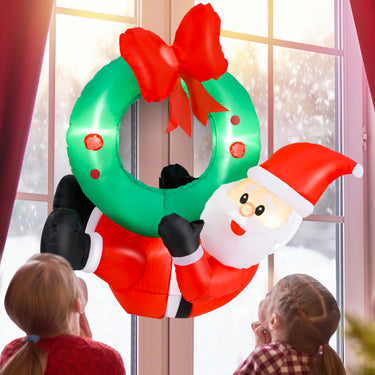 120 CM Inflatable Santa Claus Wreath, Christmas Pre-Lit Santa & Wreath w/ Red Bow & 5 LED Lights