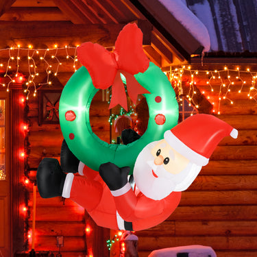 120 CM Inflatable Santa Claus Wreath, Christmas Pre-Lit Santa & Wreath w/ Red Bow & 5 LED Lights