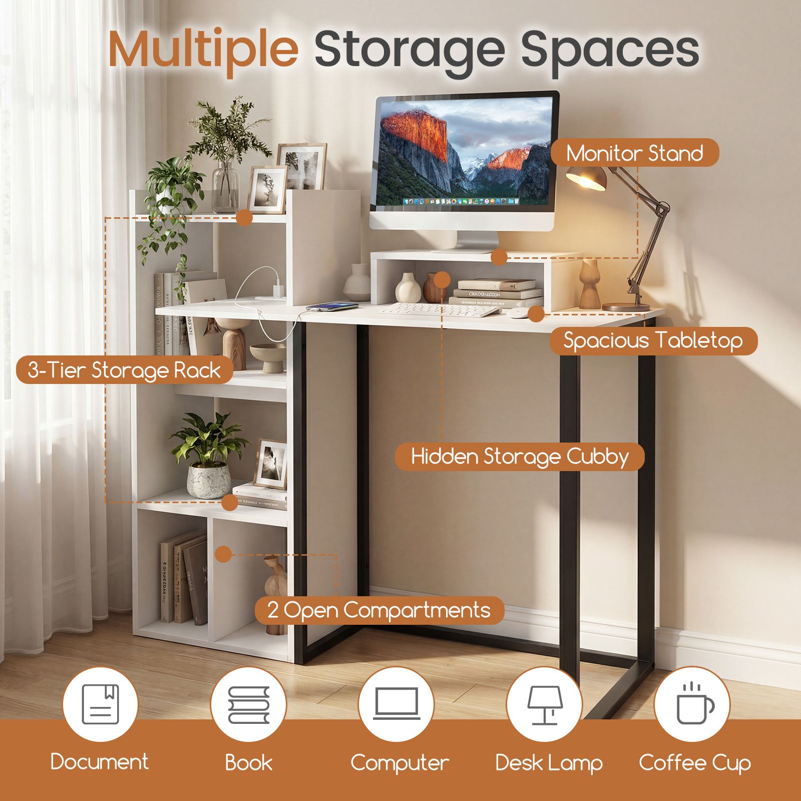 Computer Desk with Charging Station and Ergonomic Monitor Stand for Ho ...