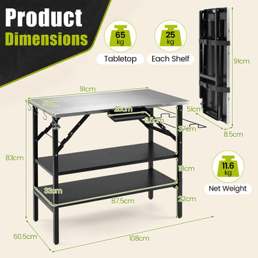 Foldable Outdoor Cook Station with 2 Removable Shelves