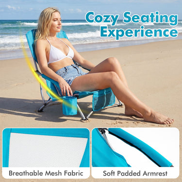 Folding Beach Chair Portable Lightweight Low Seat Chair with Padded Armrests