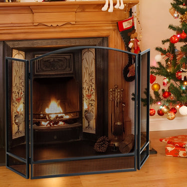 3 Panel Folding Fireplace Screen, 48.5 x 29 Inch Wrought Iron Furnace Fireguards