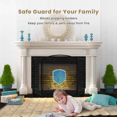 3 Panel Folding Fireplace Screen, 48.5 x 29 Inch Wrought Iron Furnace Fireguards