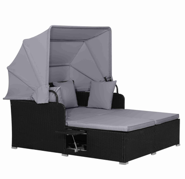 Outdoor Rattan Daybed W/Retractable Canopy Washable Cushion & Pillow