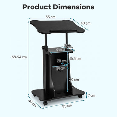 Height Adjustable Laptop Table with Tilting Tabletop and Storage Shelves Lockable Casters