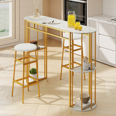 150 cm Long Bar Table, Narrow Pub Table with Faux Marble Tabletop & Storage Shelves