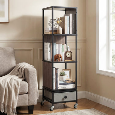 4-Tier Rotating Bookshelf on Wheels 360° Spinning Corner Book Shelf Tower