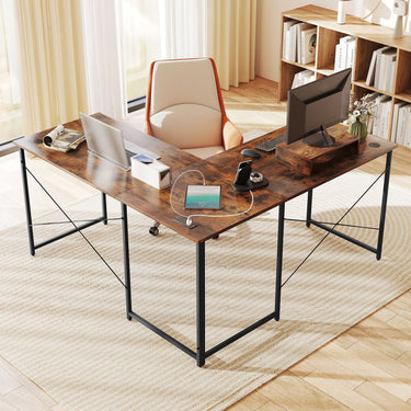L-Shaped Computer Desk 240cm Long 2-Person Desk with Power Outlets and Monitor Stand