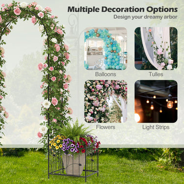 Metal Garden Arbor with Planter Boxes Arch Trellis with Ground Stakes for Climbing Plants