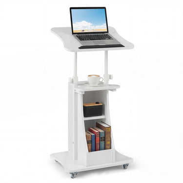 Multifunctional Laptop Rolling Podium Stand with Tilting Tabletop and Storage Shelves