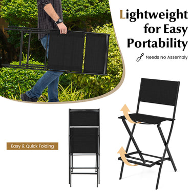 Outdoor Bar Chair Set of 2, Folding Bar Height Stool with Metal Frame & Footrest