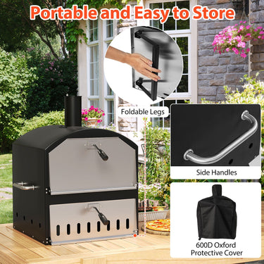 40.5 CM 2-Layer Outdoor Pizza Oven with Stone Peel Grill Racks for Camping