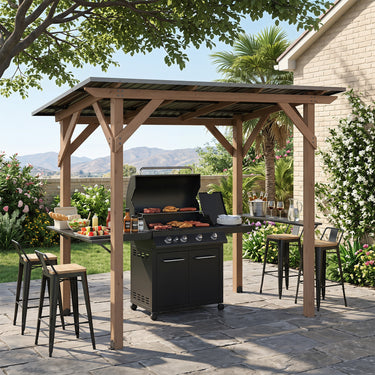 BBQ Gazebo with 2 Side Serving Shelves and Metal Roof for Backyard Garden