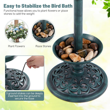 Outdoor Solar Bird Bath Standing Pedestal with Feeder and Lamp for Garden