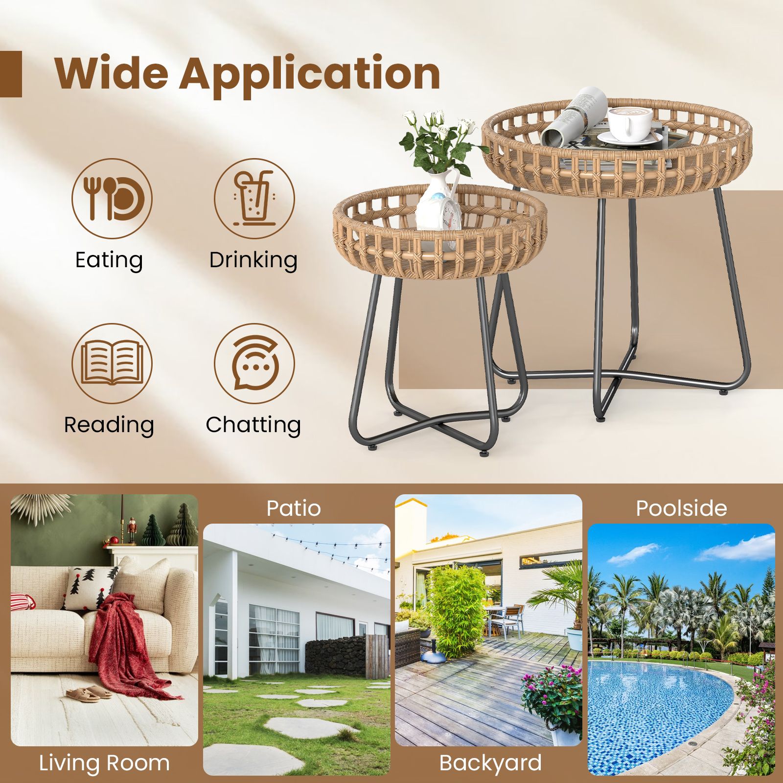 Outdoor Round Side Table Set of 2 in Different Sizes with Metal Frames ...