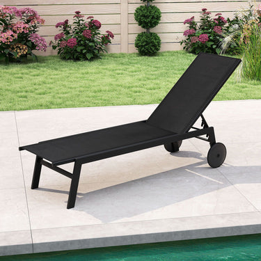 Patio Chaise Lounge Chair with Wheels and 6-Level Adjustable Backrest-Black