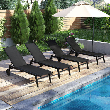 Patio Chaise Lounge Chair with Wheels and 6-Level Adjustable Backrest-Black