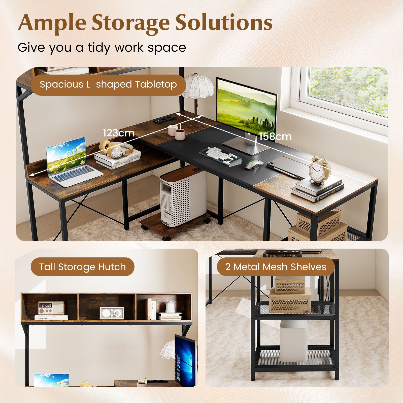 Reversible Corner Computer Desk with Charging Station and Storage Hutc ...