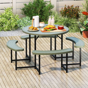 Round Picnic Table Bench Set Outdoor Circular Picnic Table with 4 Benches